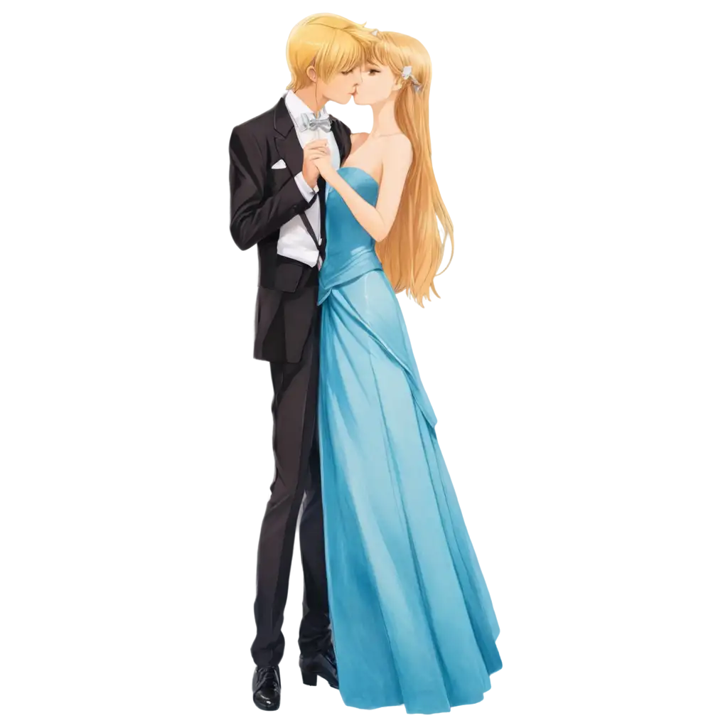 blonde hair anime guy in tuxedo kissing brown hair anime girl in blue ball gown