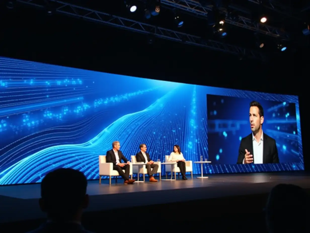 A large conference stage with a futuristic digital backdrop displaying blue and white digital patterns, resembling flowing data or technology lines. On the stage, four speakers sit in modern chairs in a row, engaged in a panel discussion. The backdrop includes a large screen showing a close-up of one of the speakers, who is wearing a black jacket and white shirt, looking engaged in conversation. The atmosphere is professional and high-tech, with overhead lighting illuminating the stage subtly. The setting conveys a sense of innovation and advanced technology.