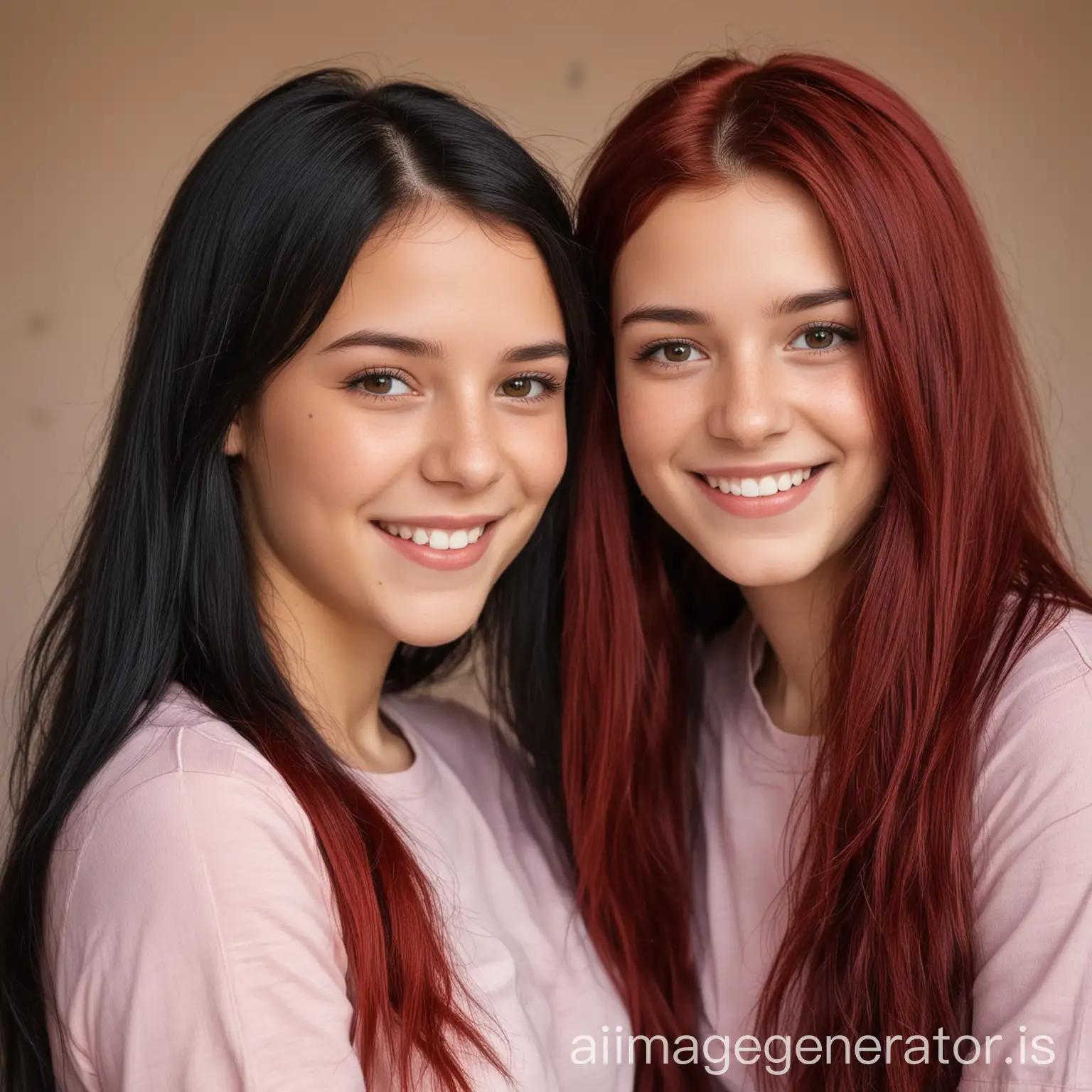 Two-Twin-Teenage-Sisters-with-Black-and-Red-Hair-Smiling-Beautifully