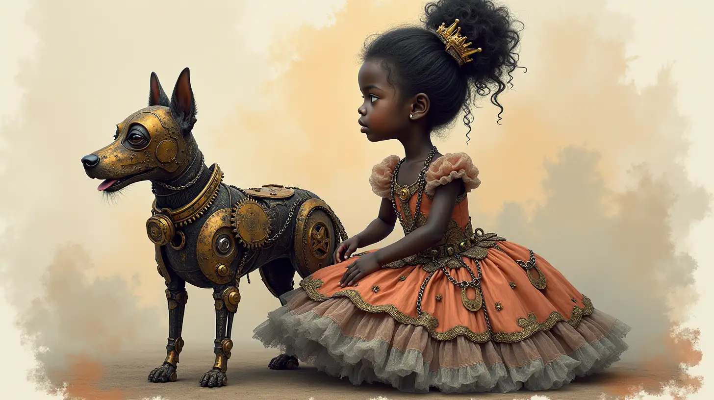 a hyperrealistic Dark Skinned Steampunk Baby with an elaborate dress and a pet dog made of metal and gears. the background having a mix of alcohol ink and watercolor.