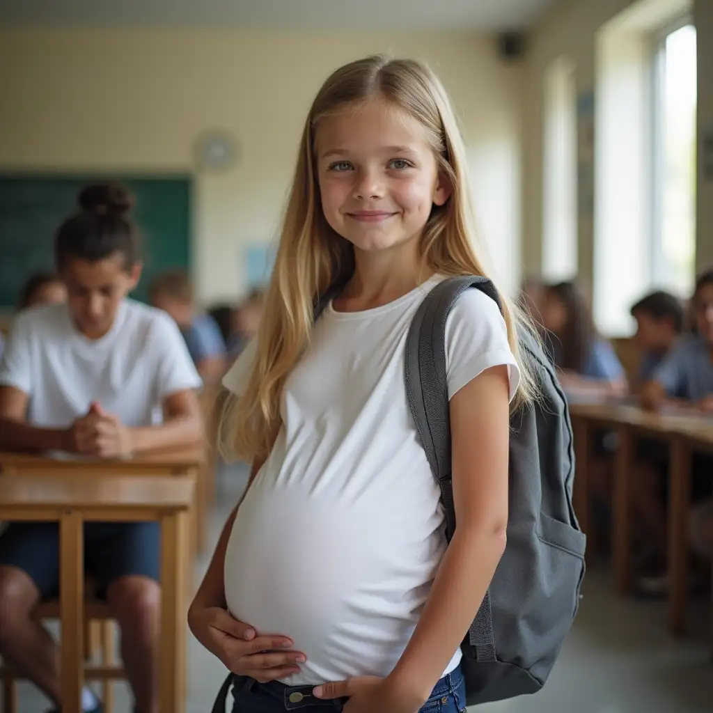 Young-Blonde-Girl-with-Pregnant-Belly-at-School