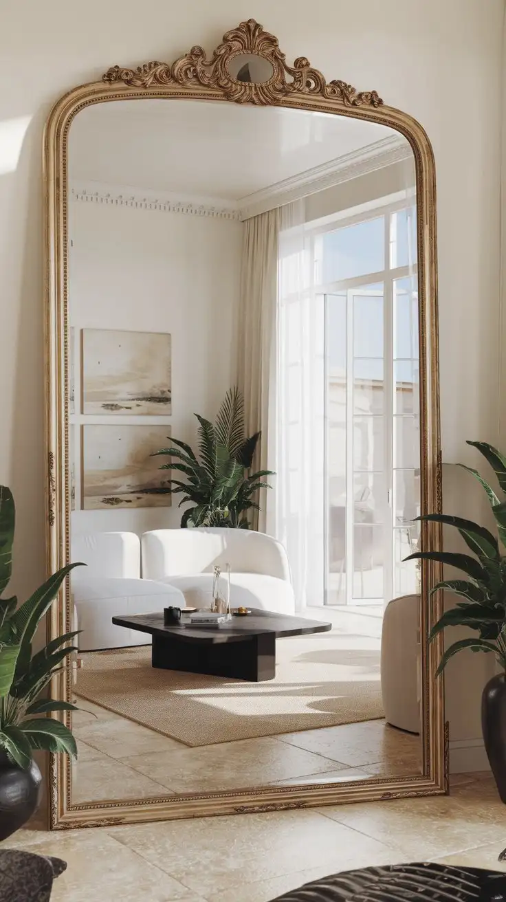 Elegant, minimalist living room with a large, ornate mirror reflecting a window with a bright, sunny outdoor scene. Style:  photorealistic, bright lighting, interior design photography, elegant.