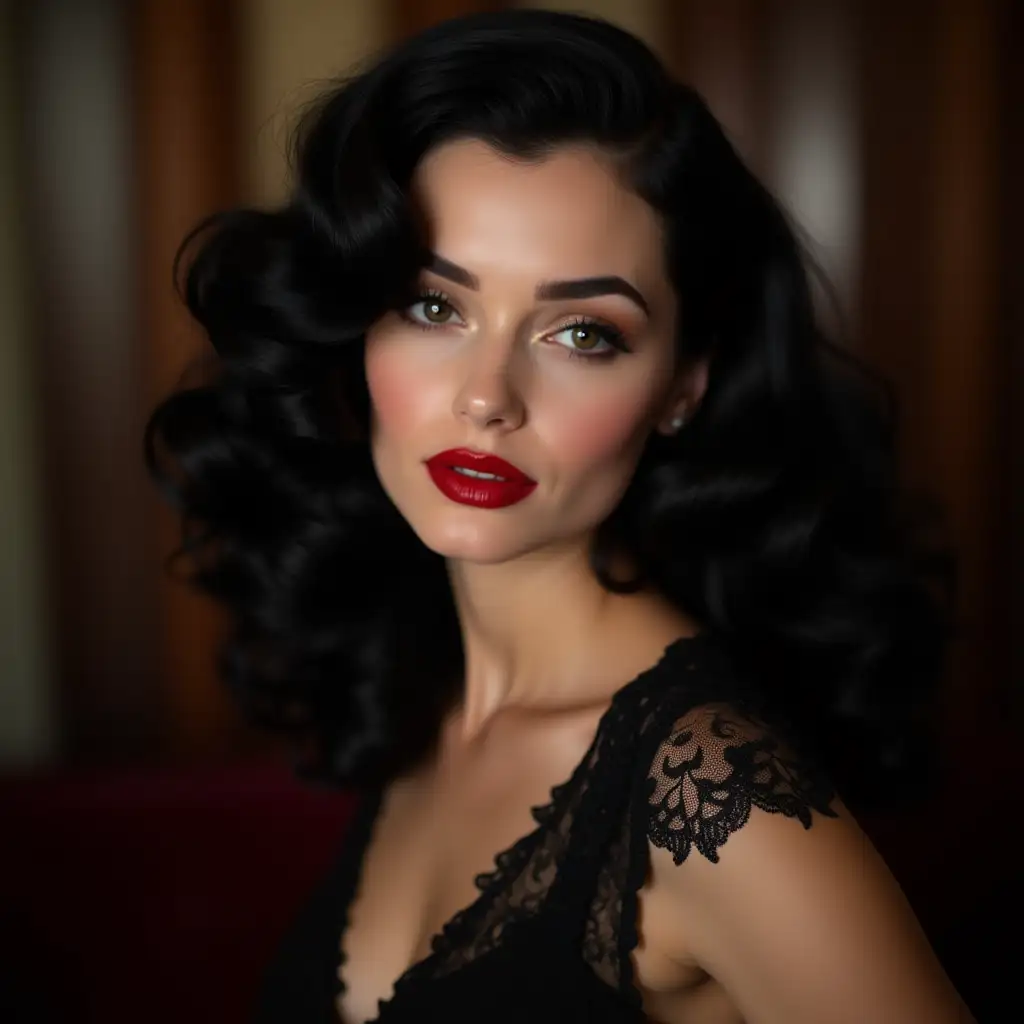 A close-up portrait of an elegant and glamorous Hollywood 20-year-old starlet with long black hair styled in vintage curls. She wears spectacular makeup with thick eyeliner and red lipstick, as well as a dark lace dress that accentuates her figure. A dynamic pose. The photo reflects the essence of the classic glamour of the Golden Age of cinema in the style of Tomanicalle, stunning beauty, a vortex of luminous particles, something that does not even exist, a masterpiece