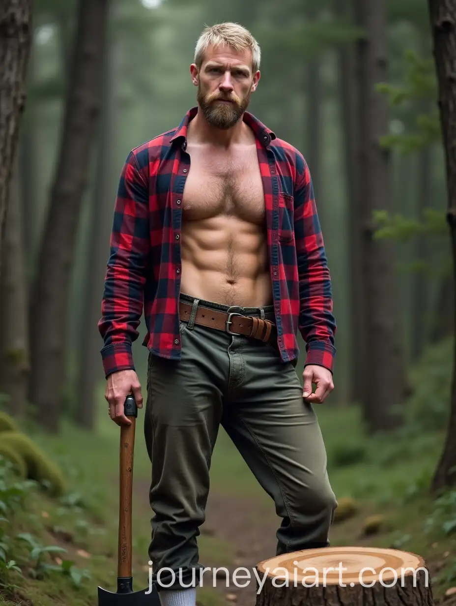 Blond-Irish-Lumberjack-with-Axe-in-Forest-Standing-by-Tree-Stump