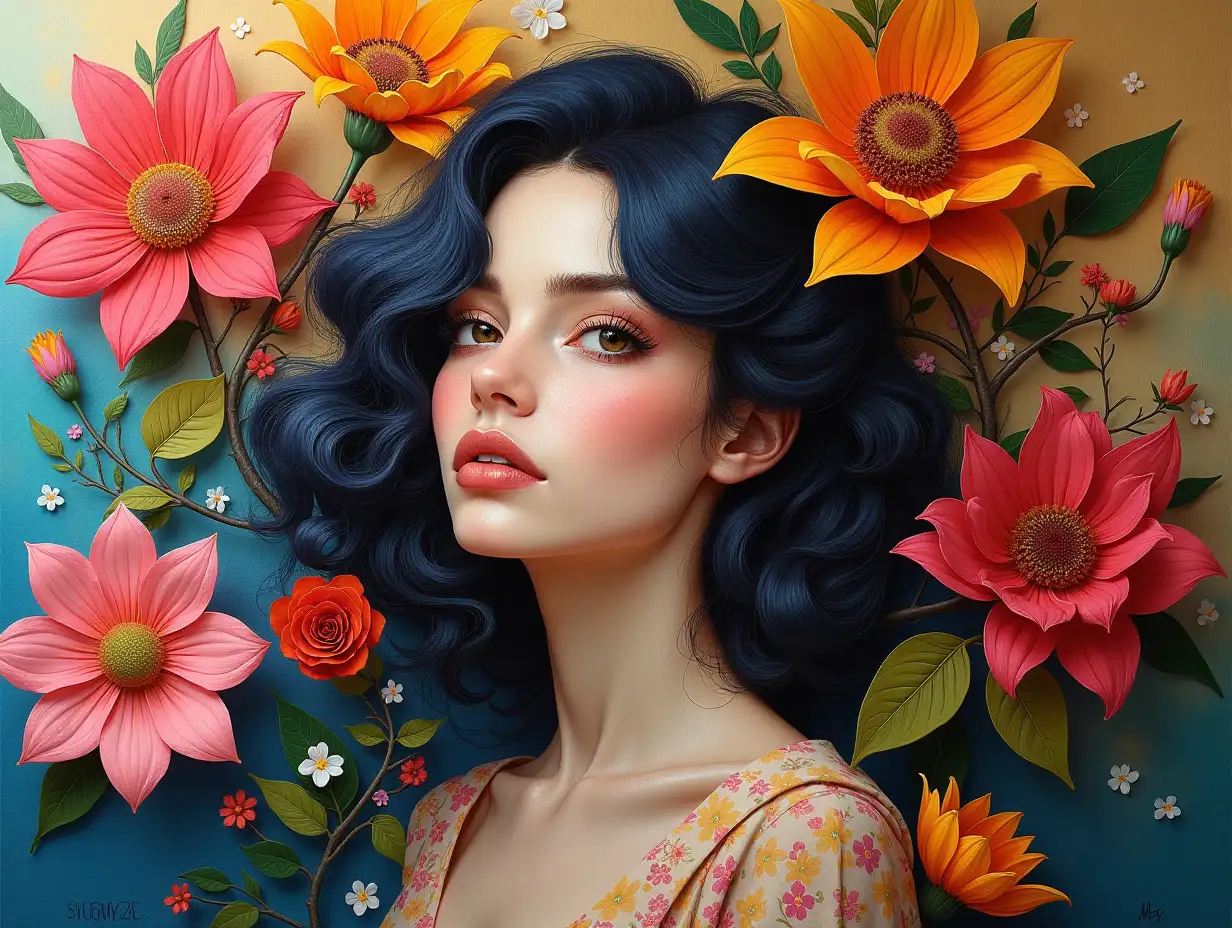 Centered on a three-dimensional painting of a beautiful woman, the surrounding space is filled with abstract and colorful flowers