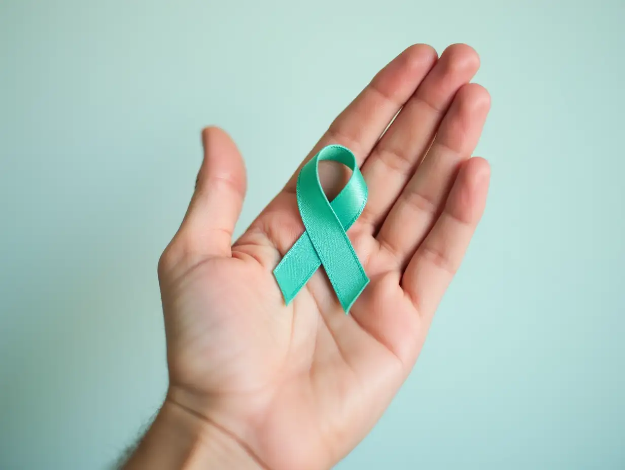 Human-Hand-Showing-Teal-Ribbon-To-Support-Breast-Cancer-Cause