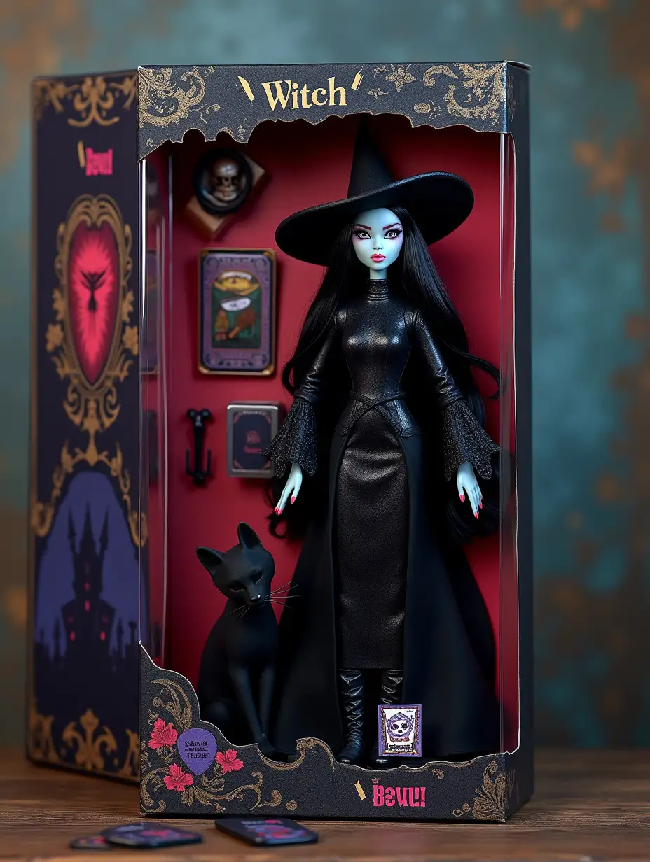 Create a photo-realistic full-size human figure on a photograph. The figure should be in a transparent plastic case with a colorful cardboard background, like real collectible toys. Make the packaging as realistic as possible - shiny plastic, sections for items and gothic style design. On the box write the brand “Witch”. The packaging will have an atmosphere: a black witch. Next to the figure place accessories: tarot cards, a book of black magic and a black cat. Make the figurine in the Monster High style.