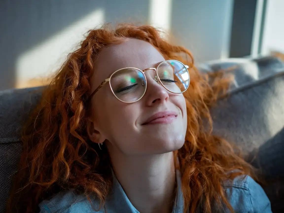 Cozy Ginger Woman Daydreaming in Sunlit Room