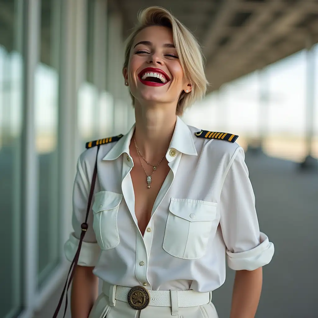 norvegian lady , in white casually deep-necked pilot uniform shirt, laughing with her mouth open, red lipstick accentuating her smile,belt on waist, big wide hips, chest are fully grown, jewerly, short hair, HD, holds long riding crop, airport, photo-realism,