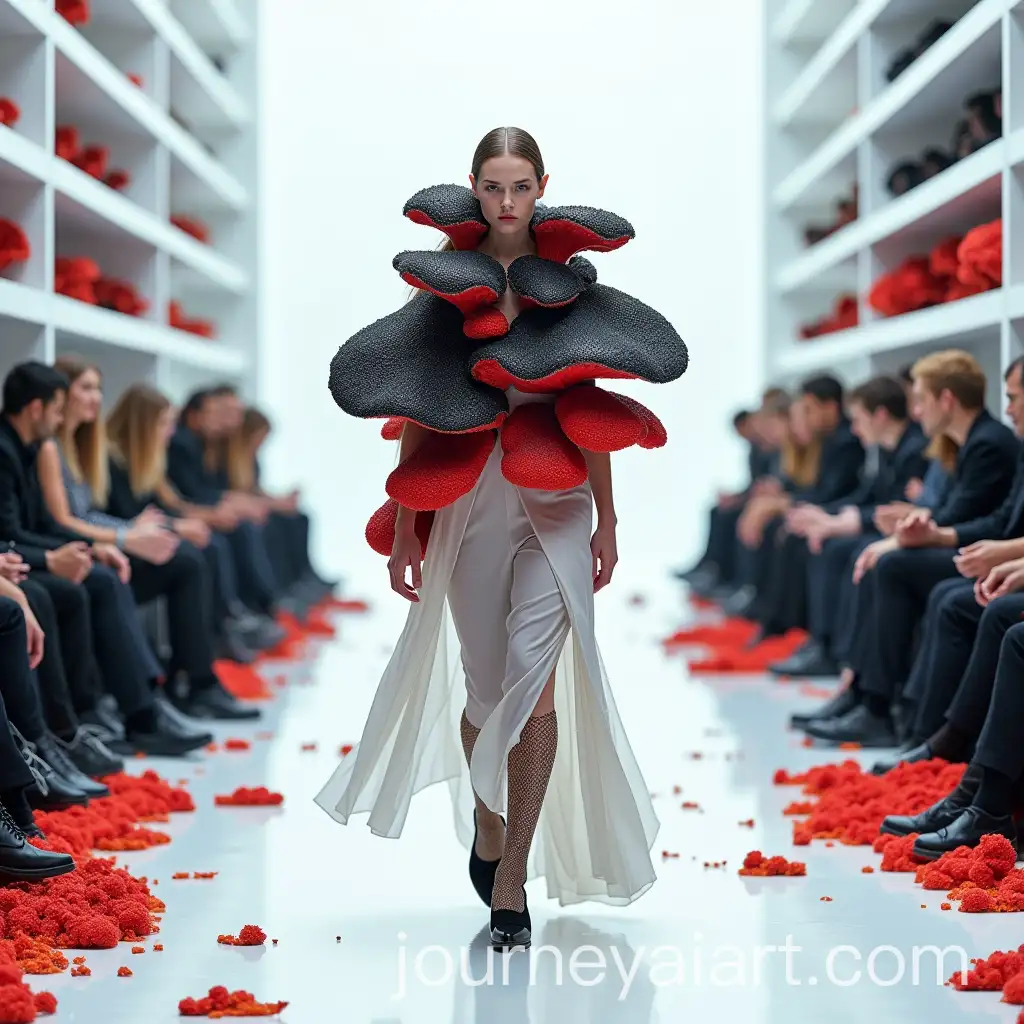 FashionAI-Art-Prompt-Expansion-Model-Wearing-AvantGarde-Haute-Couture-Dress-in-Lab-with-Red-and-Black-Fungi-Details