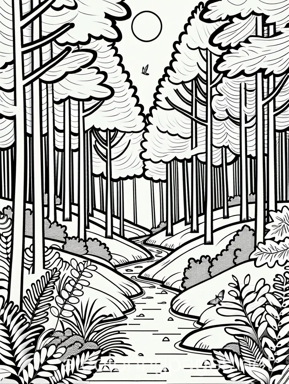 A peaceful forest scene, Coloring Page, black and white, line art, white background, Simplicity, Ample White Space. The background of the coloring page is plain white to make it easy for young children to color within the lines. The outlines of all the subjects are easy to distinguish, making it simple for kids to color without too much difficulty