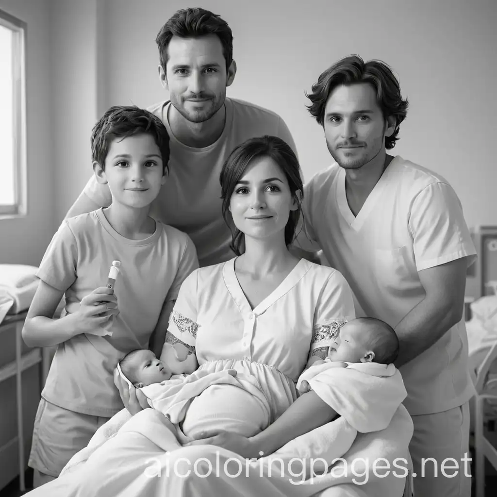 Young-Brothers-with-Parents-and-Newborn-Sister-at-Hospital-Coloring-Page