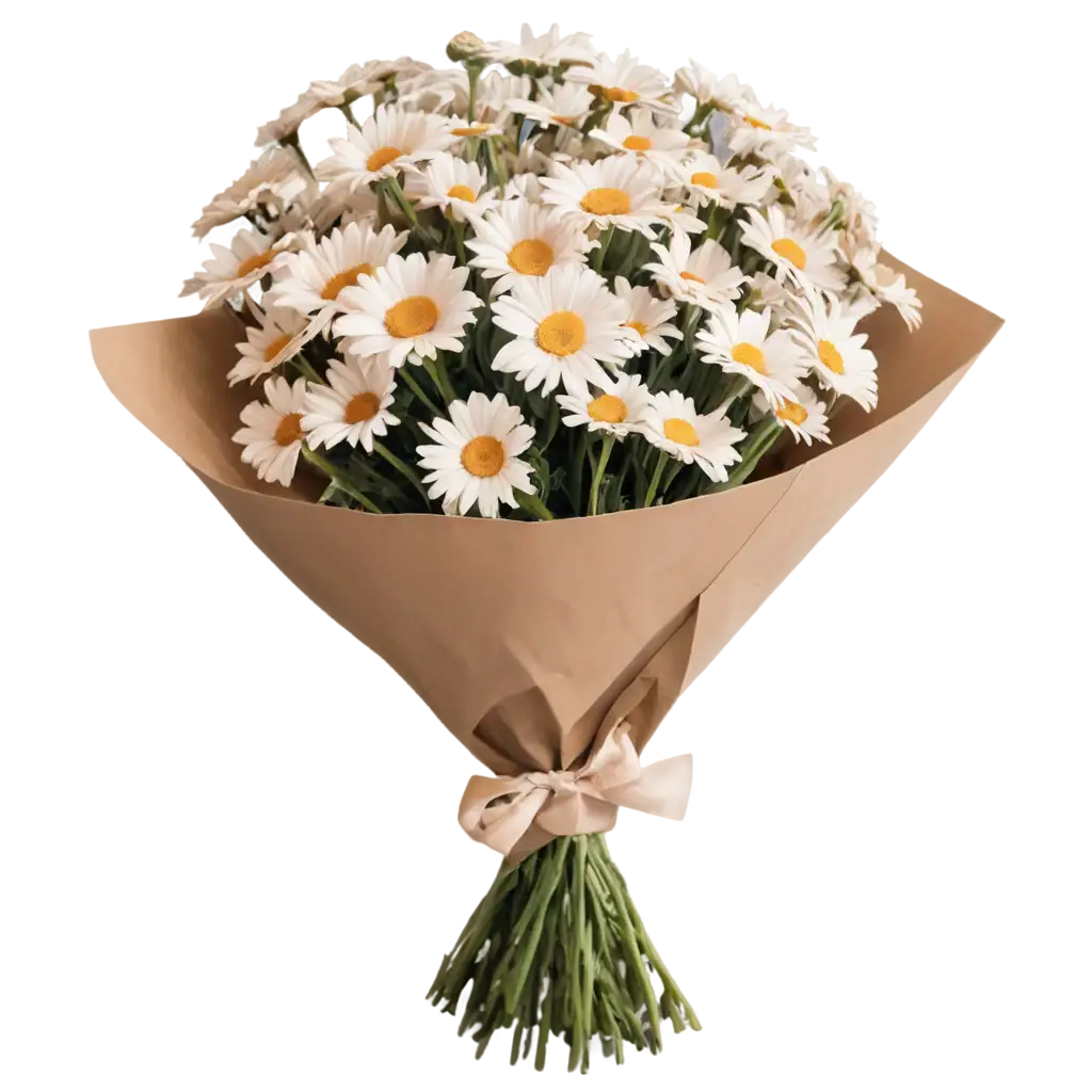 Beautiful-Daisies-Bouquet-PNG-Image-with-Beige-Paper-and-Ribbon-HighQuality-Floral-Graphic