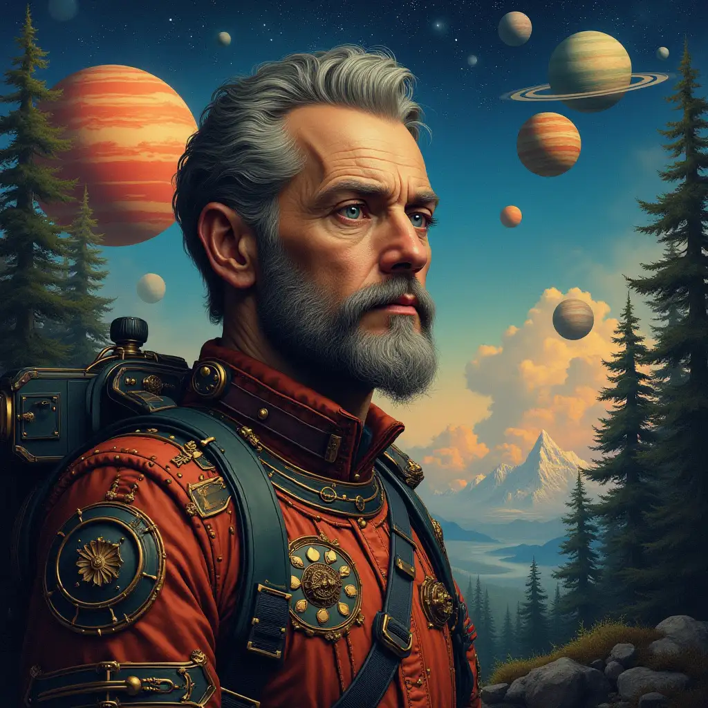 Hyperrealistic portrait of a multiverse time traveler and various foreign beings The elaborately detailed, colorful forested planets in the background