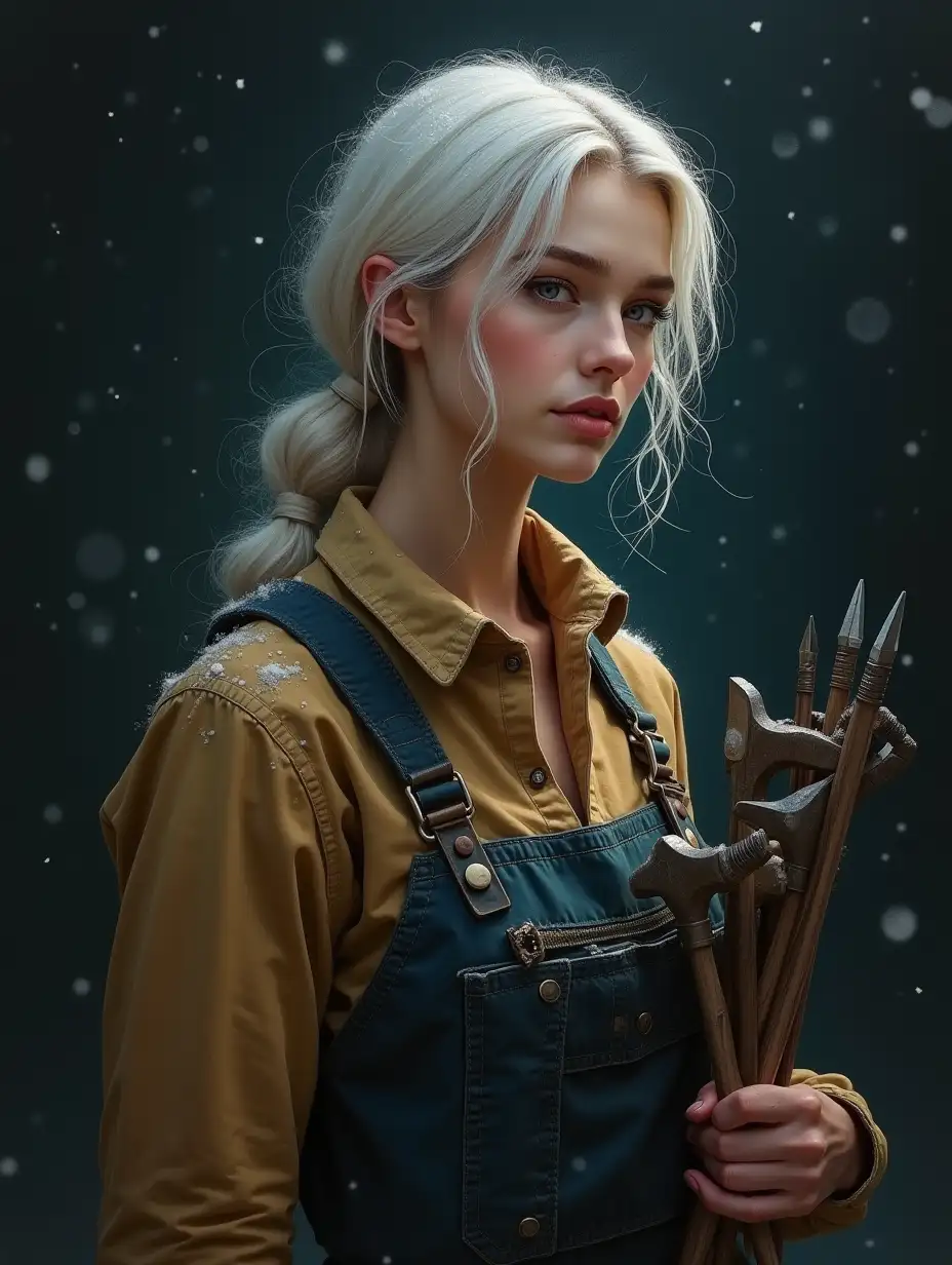 extremely beautiful with white hair, highly detailed, dark background, young lady 19 years old, easygoing, affectionate, enthusiastic, Highly Detailed, intricately detailed illumination, surrealistic, abstract, dark night. This realistic photograph reveals a elegant woman  in her work uniform, holding a set of work tools. Is snowing. The image is exceptionally high-quality, with sharp details and vibrant colors that truly bring the subject to life. This mesmerizing image conveys her beauty and strength, making her appear both fragile and powerful. The scene comes alive with vibrant colors and intricate details, creating a realistic and captivating painting that exudes a sense of grace and hard work. Every stroke and color choice enhances the intricate depiction of this captivating subject, demonstrating the artist’s skill and dedication to his craft.