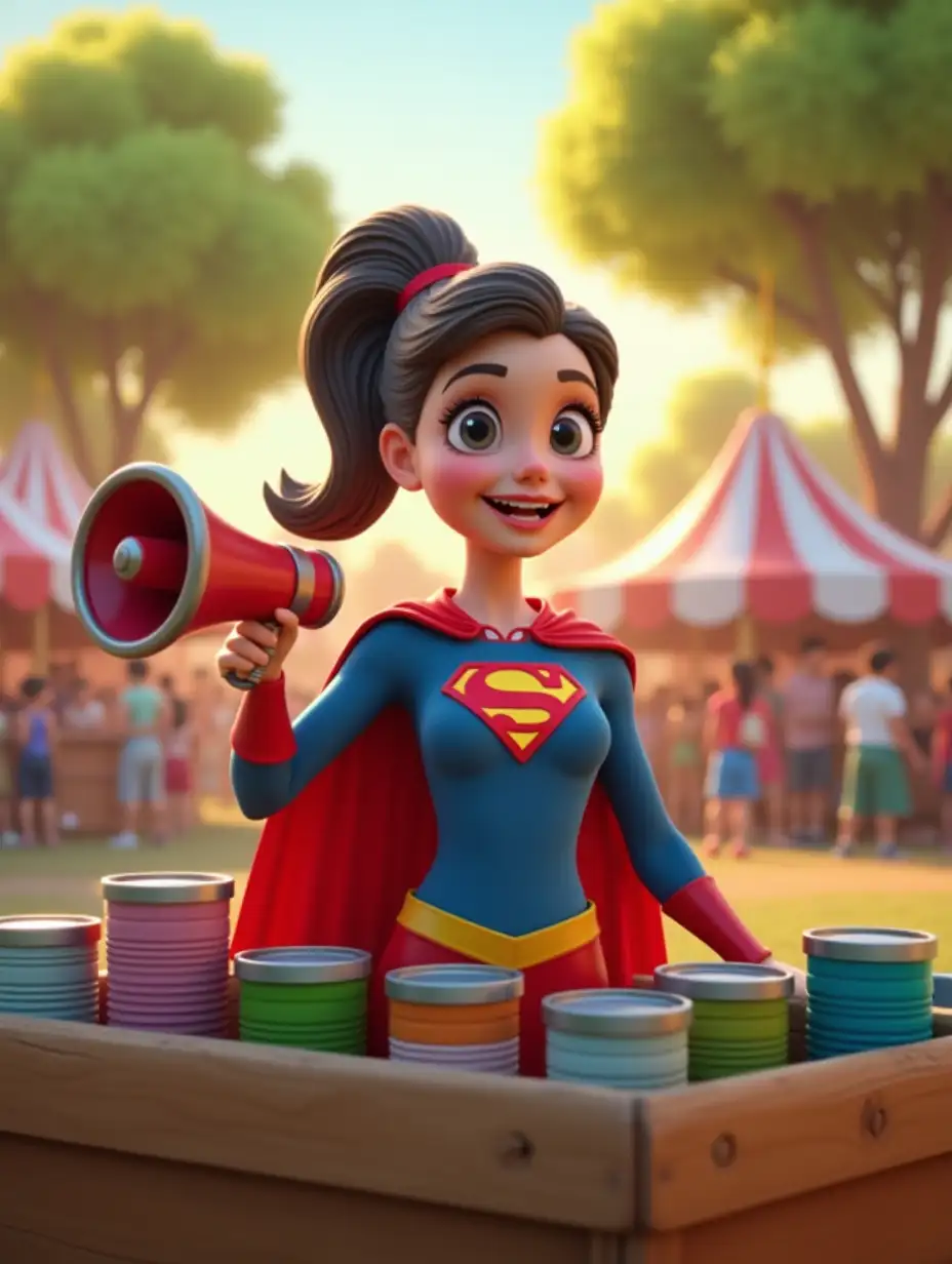 A realistic 3D-rendered image of a cheerful young woman dressed in a superhero costume with a red cape and a blue bodysuit featuring a bold 'S' emblem on her chest. She is standing at an outdoor fair or carnival, holding a megaphone in one hand and smiling. In front of her is a wooden stall filled with neatly stacked colorful metal cans, likely part of a carnival game. The background features a vibrant fair scene with people, tents, and lush green trees bathed in warm sunlight, creating a bright and cheerful atmosphere