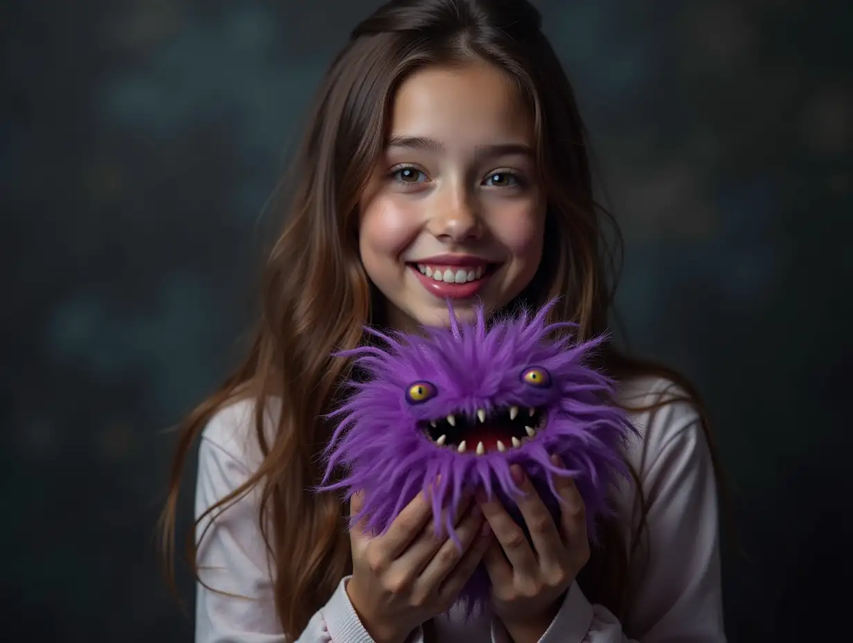 Young-Lady-Holding-Frightening-Purple-Monster-in-Her-Hands