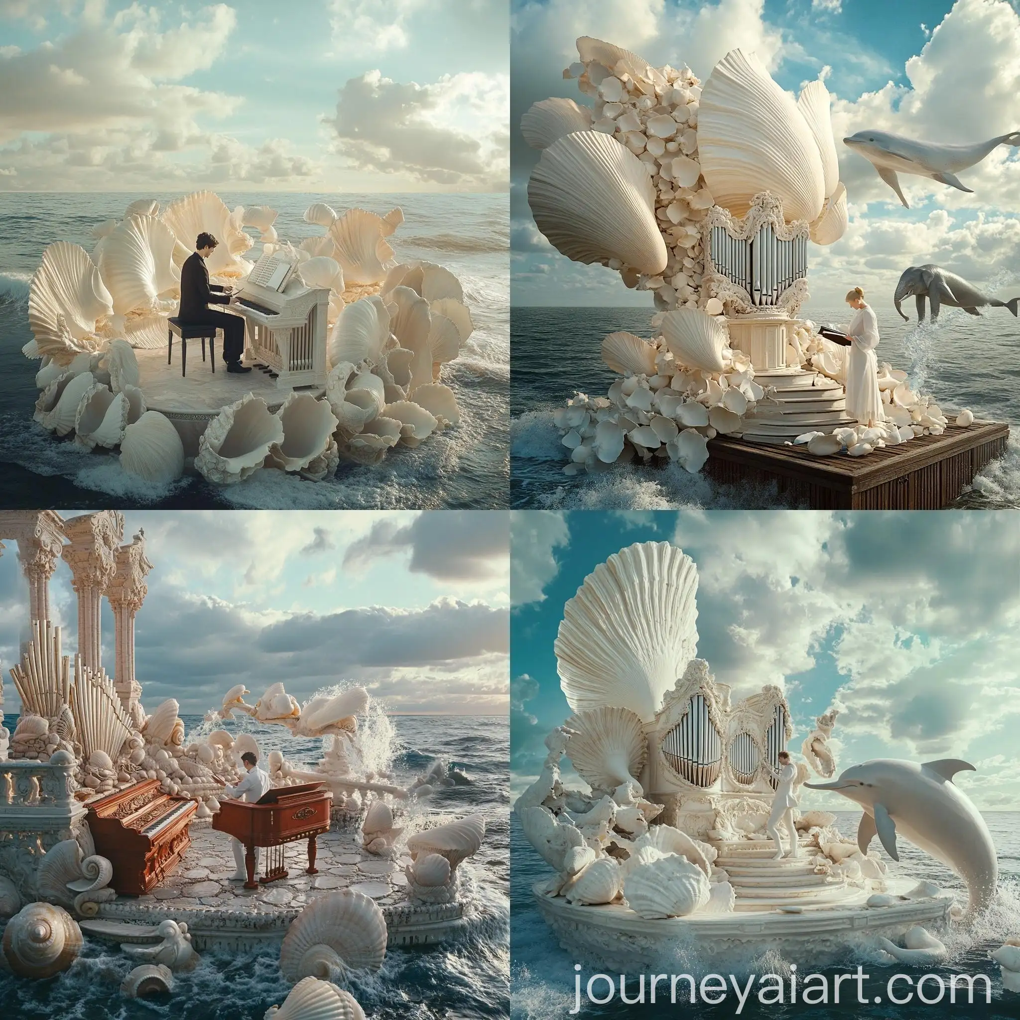 Epic-Scene-Mozart-Playing-a-Seashell-Organ-Amidst-Battle-of-Dolphins-and-Elephants
