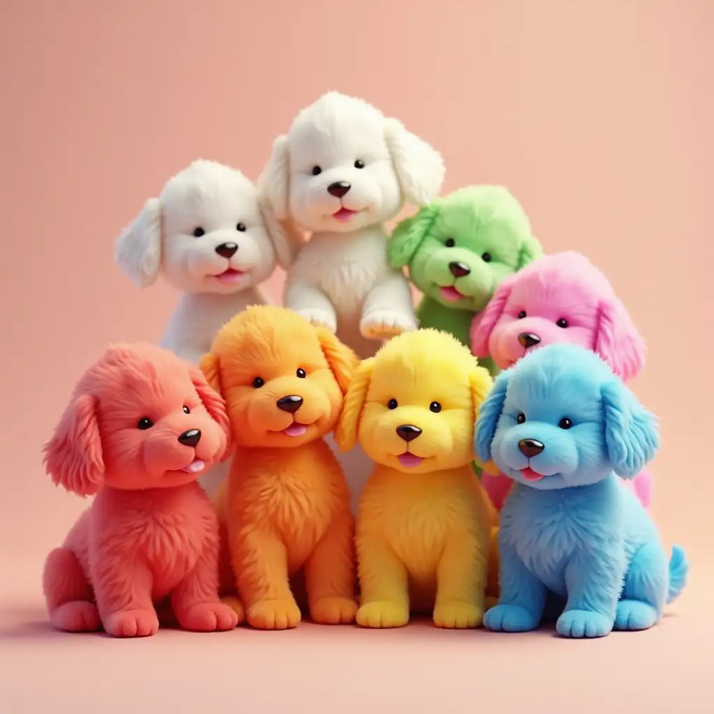 Several Colorful (rainbow colors, red, orange, yellow, green, blue, pink) puffy cute puppies, hyper realistic full hd