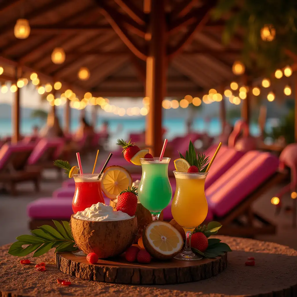 Tropical Hawaiian Party Sunbeds Tiki Bar and Colorful Drinks