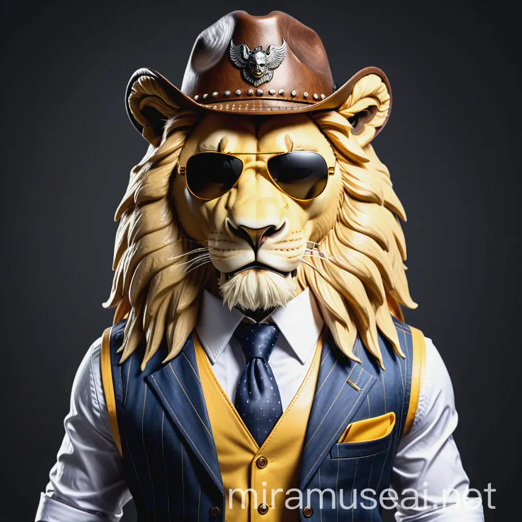 Yellow Lion Boss in Aviator Sunglasses and Cowboy Hat