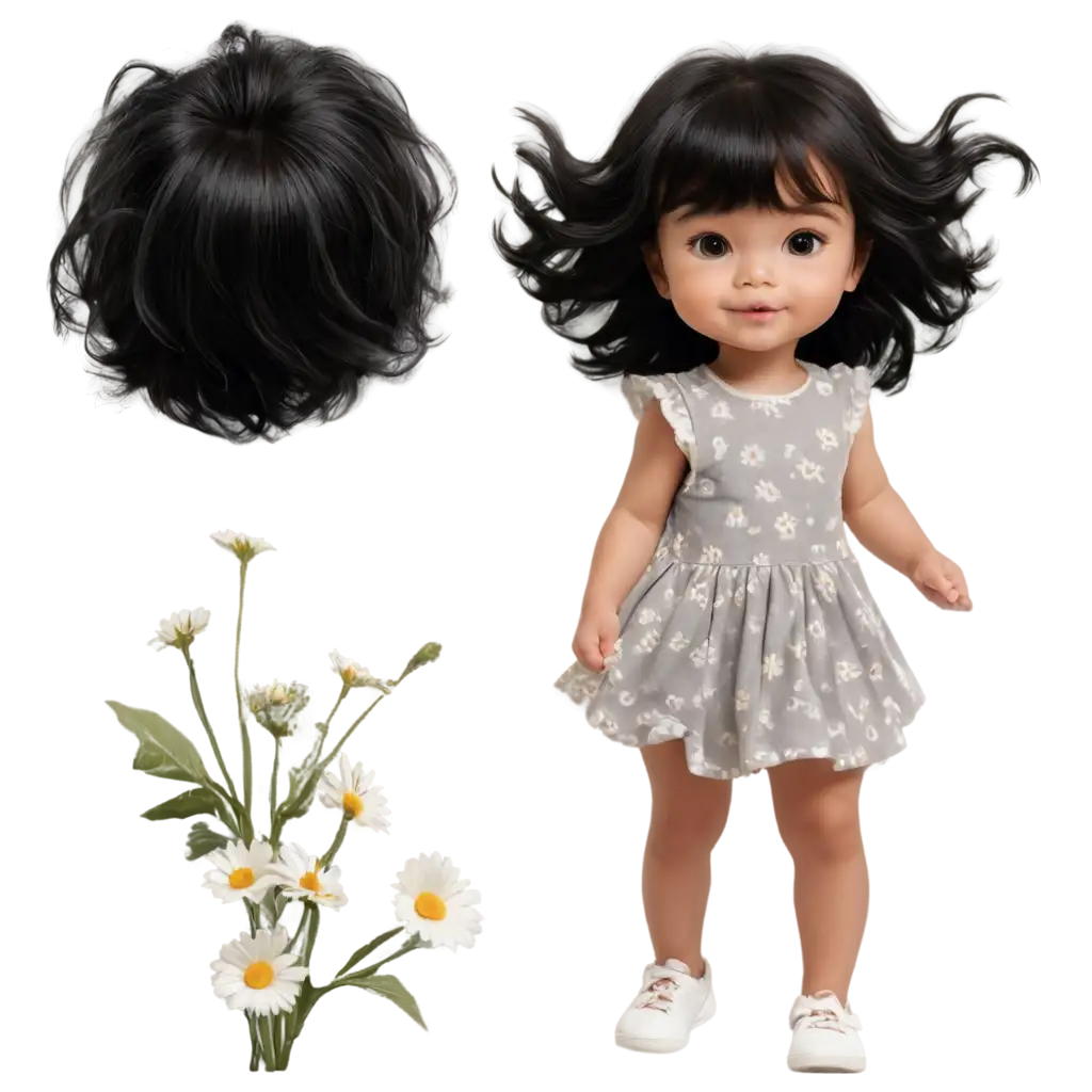 baby girl black hair dress daisies