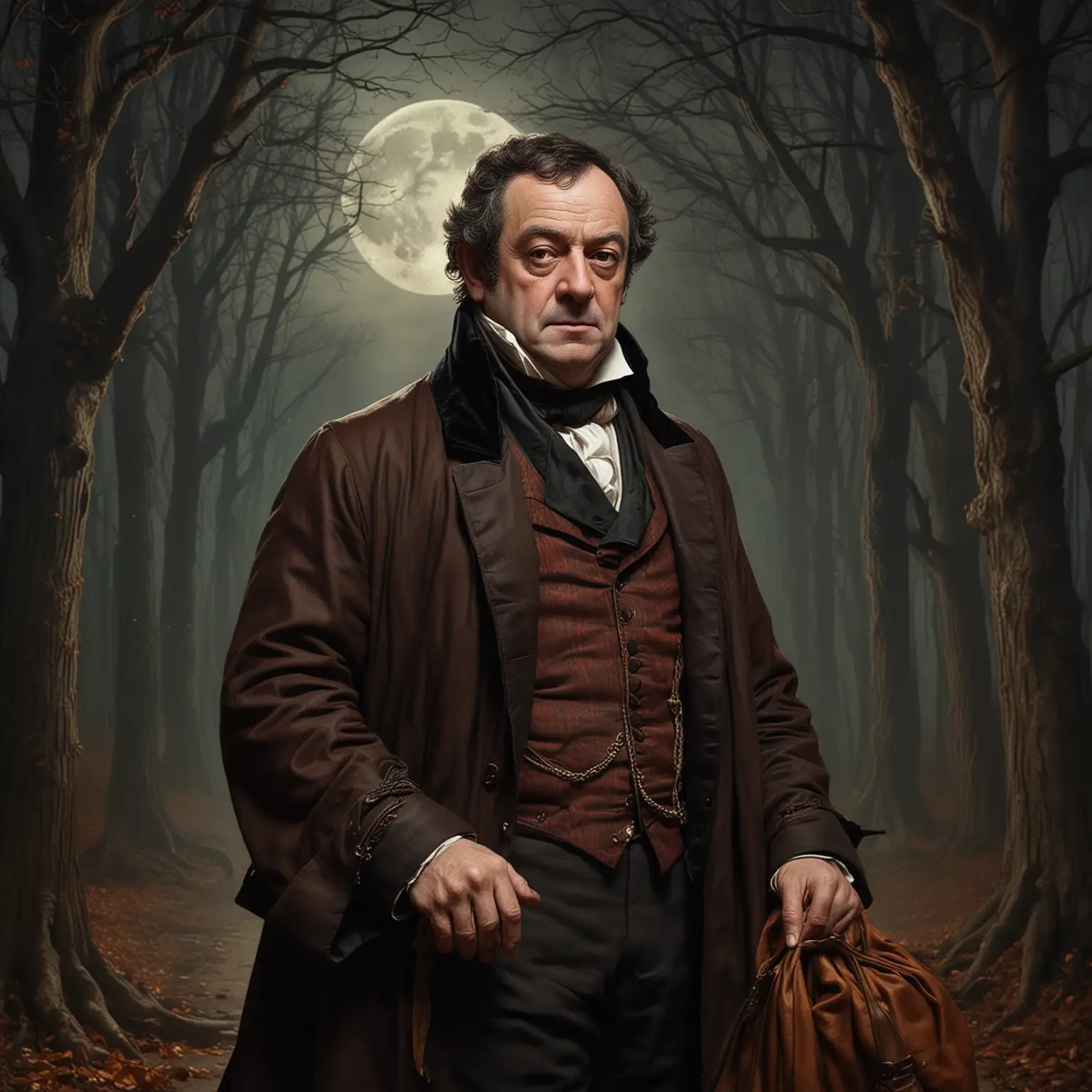 Artistic Portrait of Washington Irving with the Headless Horseman