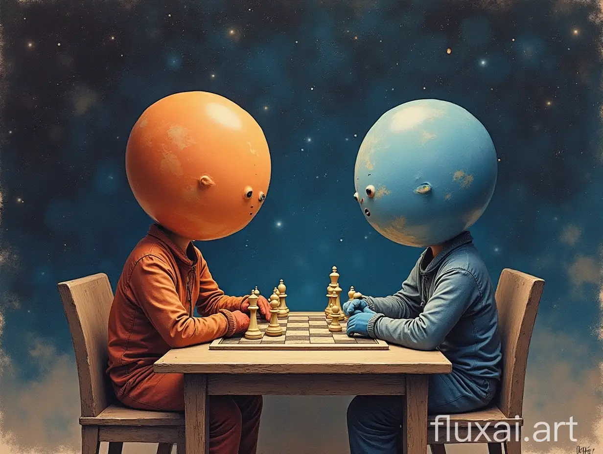 2 planets look like people playing chess at a table, the picture is drawn