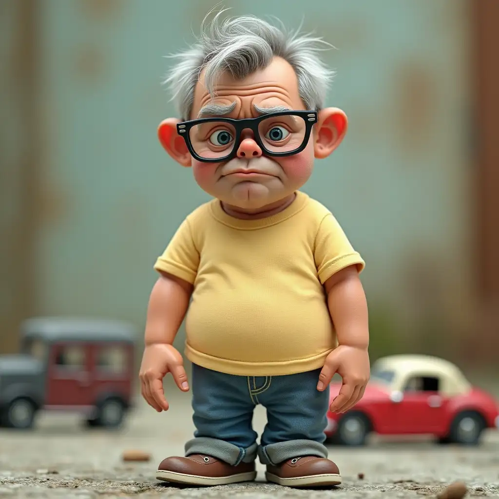 Samm a middle aged white guy, grumpy, wears glasses, loose pastel coloured tshirt and jeans. Loves vintage cars. Owns a toy shop and collects toy cars. Hair thinning on top
