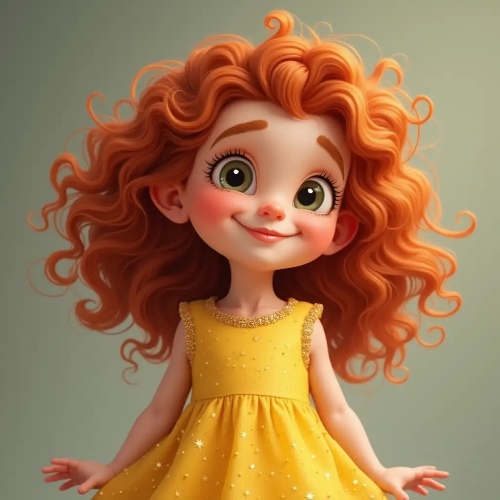 A curious young girl with curly red hair and a big smile. She is wearing a sparkling yellow dress.