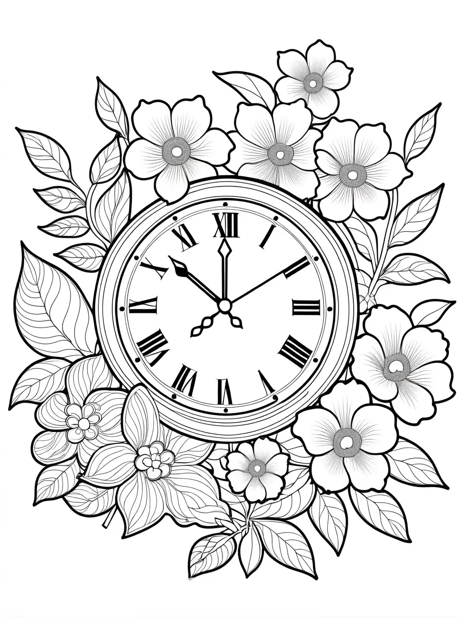 Clock-with-Three-Emerging-Flowers-Coloring-Page