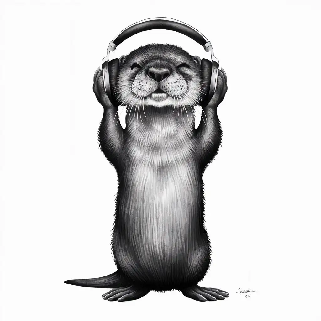 Happy Otter Tattoo with Closed Eyes and Headphones