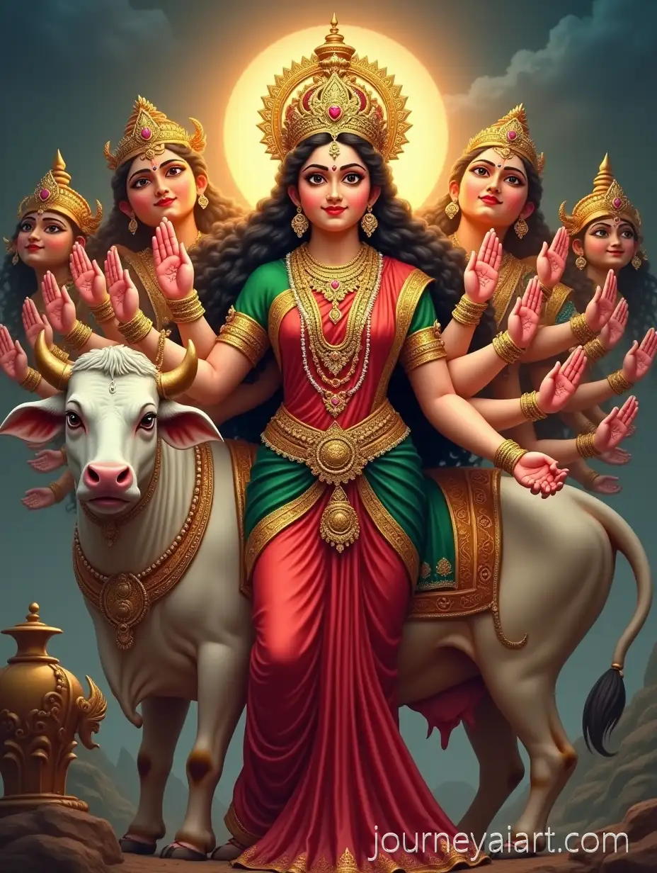 Divine-Ma-Gauri-with-Nav-Durga-and-Cow-Blessing-in-Spiritual-Setting