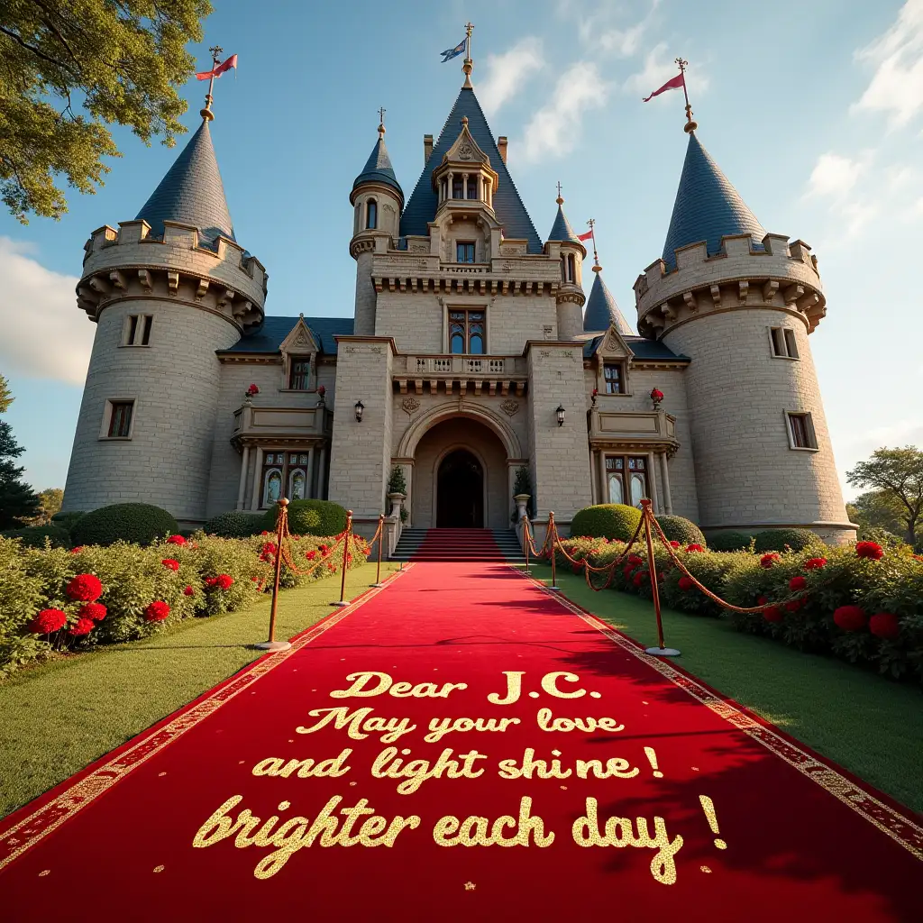 Generate image of an old era large castle building, which is decorated for festivities, with a red carpet hanging from side of the building displaying the text 'Dear J.C. May your love and light shine brighter each day!' in golden glitter color on a bright sunny day. Keep the text readable without any spelling mistakes