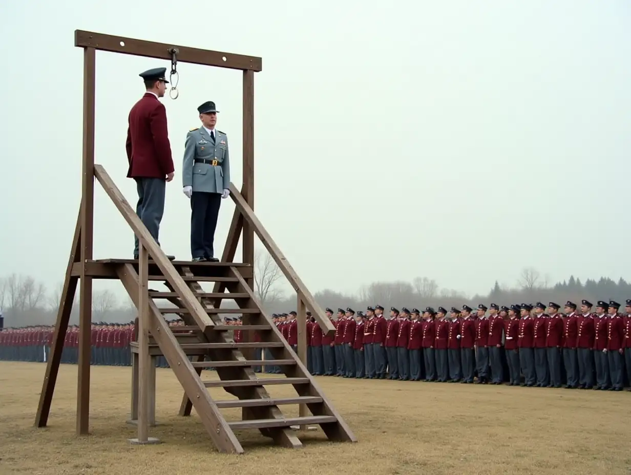 Military parade grounds on the barren Alberta prairie. On the steps of the wooden gallows built for this occasion, a former recruit, his maroon and light blue uniform stripped of every trace of insignia, even buttons and cap, climbs the stairs to his fate. On the parade ground stand 130 recruits dressed in maroon and light blue uniforms, are in formation to witness punishment.