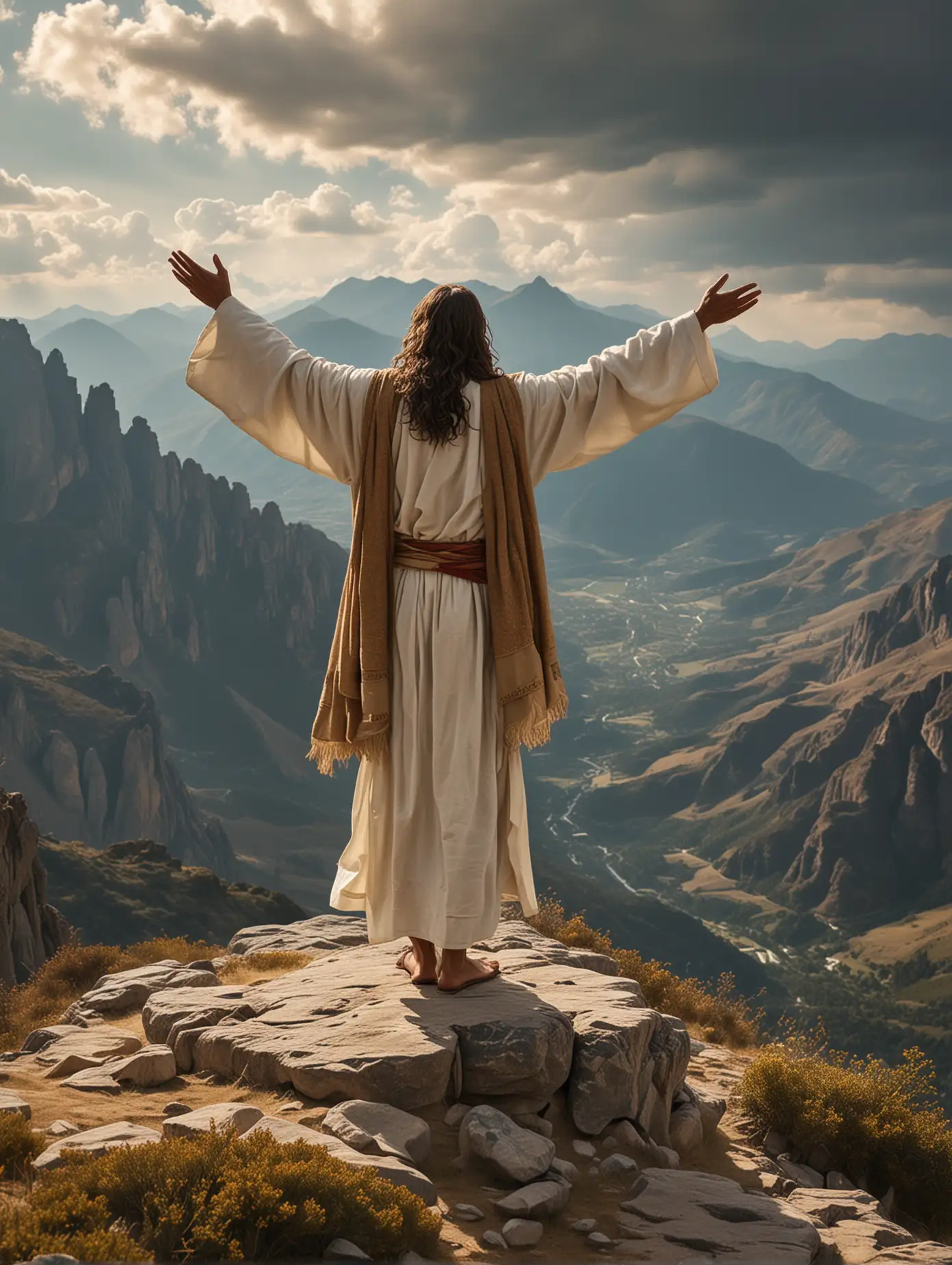 Formidable mountain top summit, full body of Jesus, facing the vast openness of the mountain terrain in a commanding pose, his hands held high in worship and praise to the heavens, wearing traditional attire for the biblical time period, clothes billowing with the wind. The landscape is vast mountain range with steep drop-off into a valley. Natural elements flying in the air, captured with a super wide lens, large depth of field, coloring is rich and vivid, 8k resolution and composition.