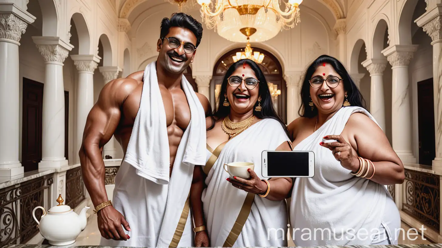 Indian Man and Woman Taking Selfie in Luxurious Marble Palace with Dog and Fruit Plate