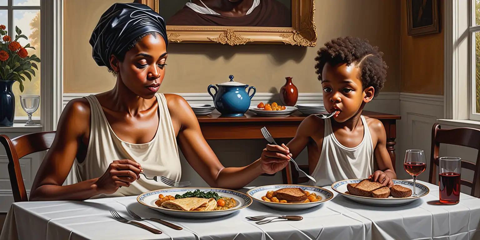 Modern African American Mother and Son Sharing Dinner in Neoclassical Style