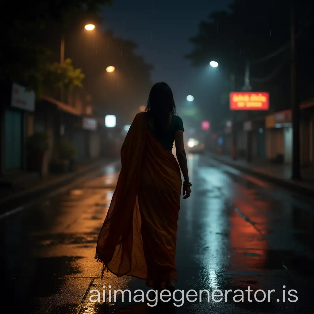 Indian-Woman-Walking-in-the-Rain-at-Night-in-a-Saree