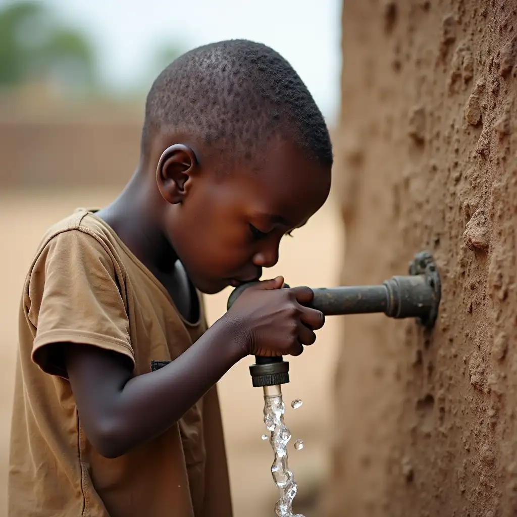 a  Nigerian boy drinking water from pipeborn tap