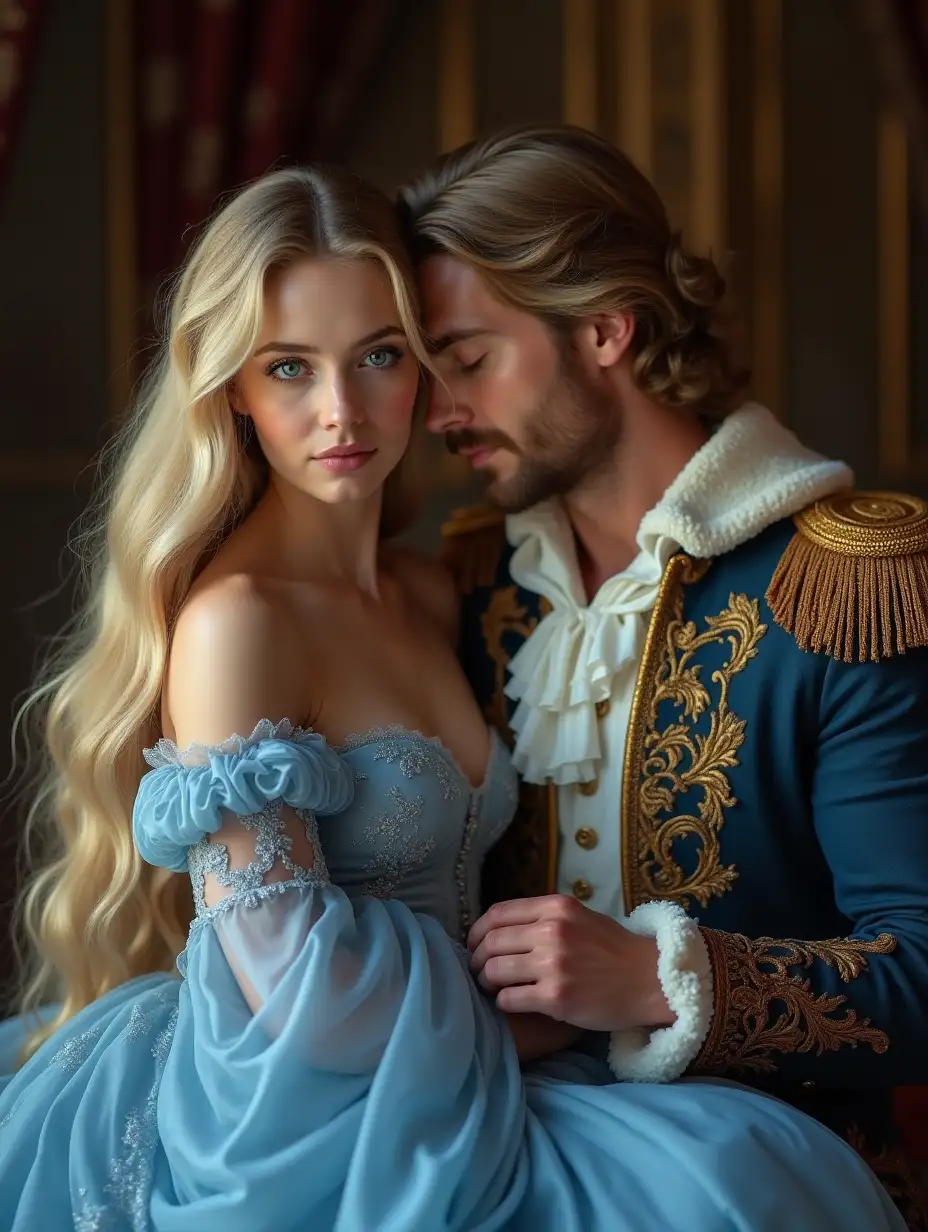 King-Louis-XIV-Embracing-Russian-Blonde-in-Translucent-Blue-Dress-in-Royal-Bedroom