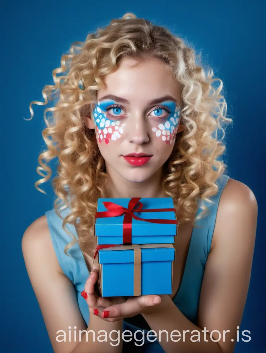 Portrait of a young European woman with blue eyes and blond curly hair. On her neck and in her hair are decorations made of small cardboard boxes. In her hands the woman holds a handful of colorfull shiny boxes. Eyes and lips fully painted in blue and cheeks are painted with blue, white and red paint.