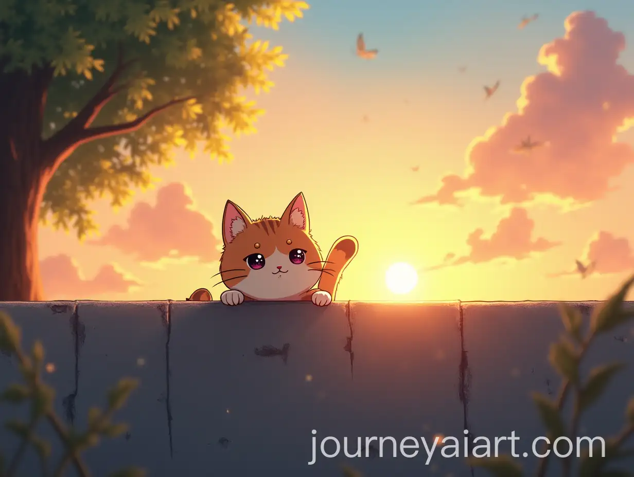 Curious-CatAI-Art-Prompt-Expansion-Peeking-Over-Concrete-Wall-at-Sunset-in-Anime-Style