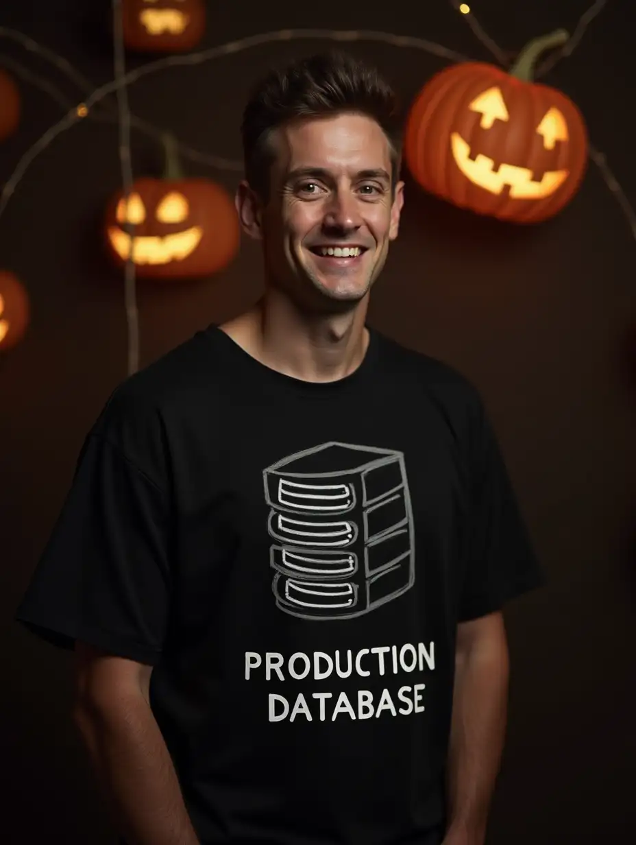 Man-in-HalloweenThemed-Setting-Wearing-Production-Database-TShirt