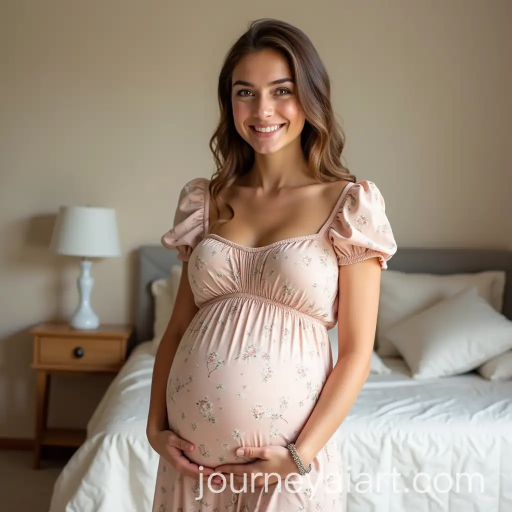 Young-Pregnant-WomanAI-Image-Prompt-Expansion-in-Floral-Dress-Standing-in-Light-Beige-Interior