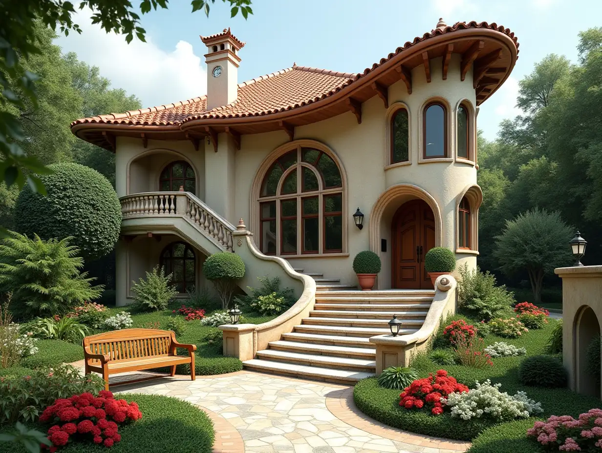 crooked house garden planting-with stucco in the form of plant ornaments, large windows with glass to, curved, smooth window shapes, winding grand entrance stairs made of marble complex curved roof with dike,Lanterns,bench 4K resolution colorful wide-angle shots