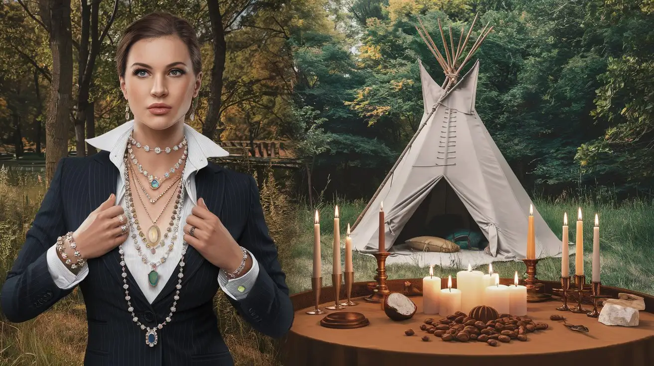 Photograph of an eerie business woman richly dressed, wearing a business suite wearing many necklaces with gemstones, In the back a forest, a teepee and a table with candles, crystals, cacao, highly detailed, realistic