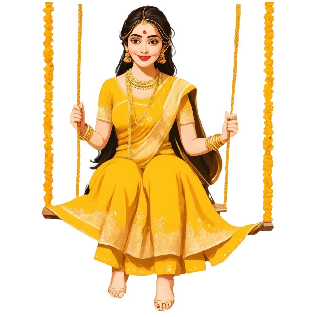 Vibrant-PNG-of-a-Brides-Haldi-Ceremony-Cartoon-in-Yellow-Saree-on-Swing