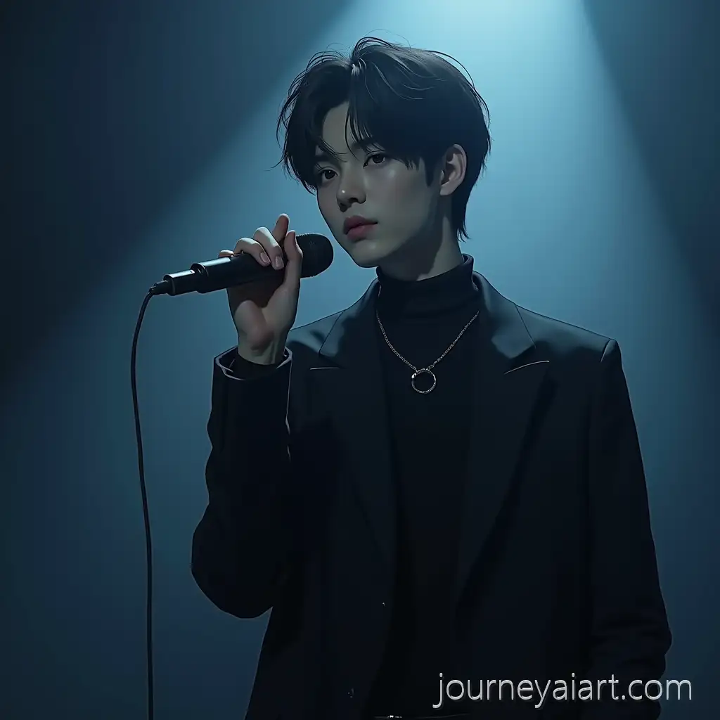 Korean-Idol-Boy-with-Cool-Aura-and-Haunted-Stage-Holding-Microphone