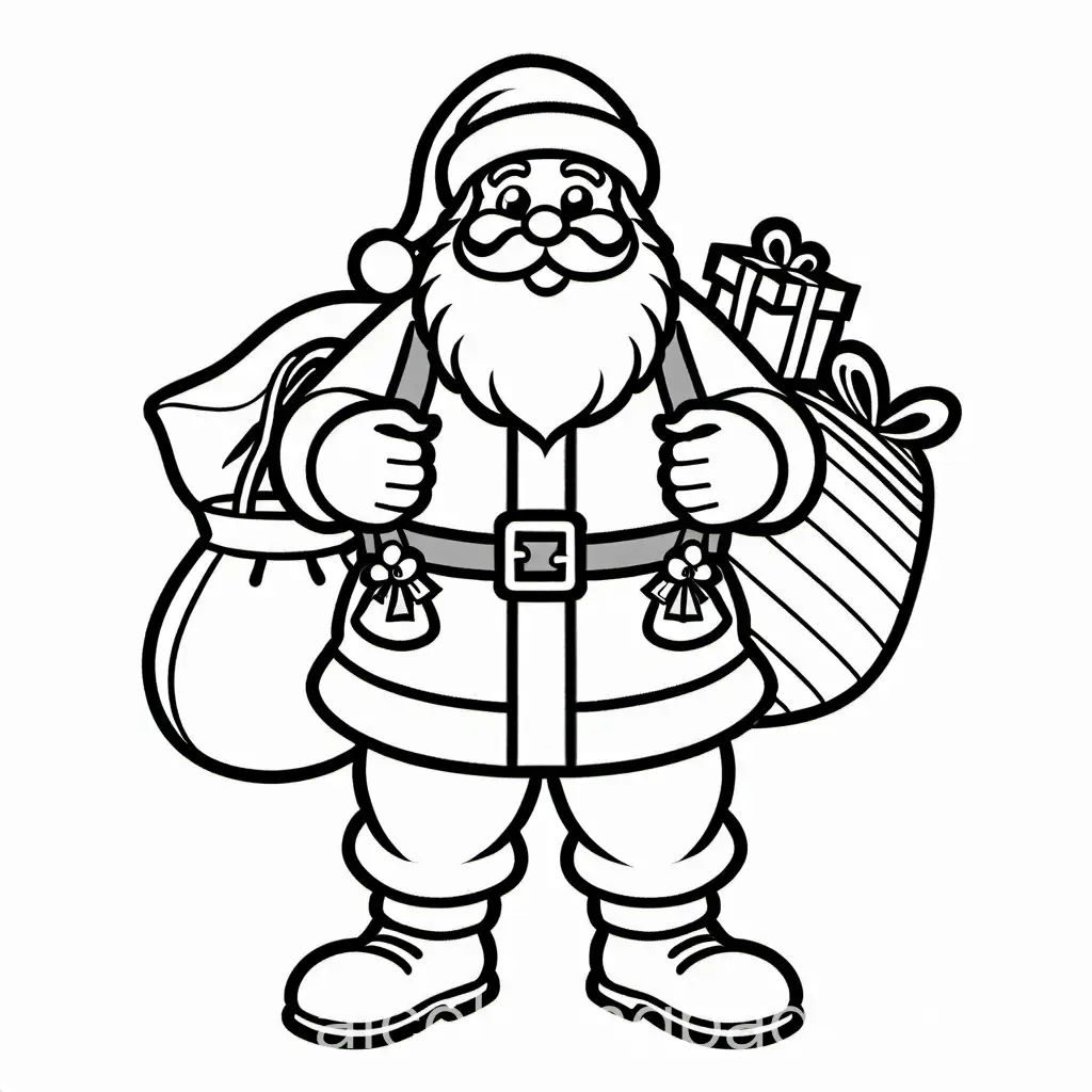 jolly santa claus with bags of toys black and white coloring page, Coloring Page, black and white, line art, white background, Simplicity, Ample White Space. The background of the coloring page is plain white to make it easy for young children to color within the lines. The outlines of all the subjects are easy to distinguish, making it simple for kids to color without too much difficulty